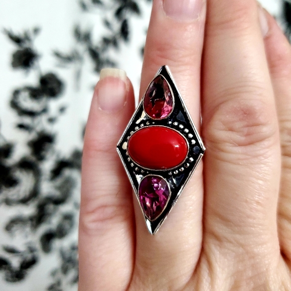 New Coral and Bi-Color Tourmaline 925 Silver Ring. - Picture 8 of 8